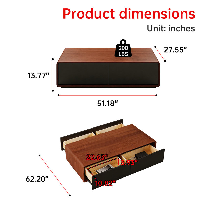 Modern 52" Walnut Coffee Table with 4 Storage Drawers, Fully Assembled Rectangular Living Room Table