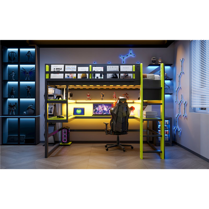 Lit mezzanine double en bois avec bureau, support de rangement latéral, tablettes multiples et lumière RVB, vert, Lit double