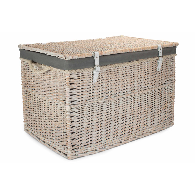 Fleur De Lis Wicker Storage Hamper Basket with Lining, White Wash/Grey