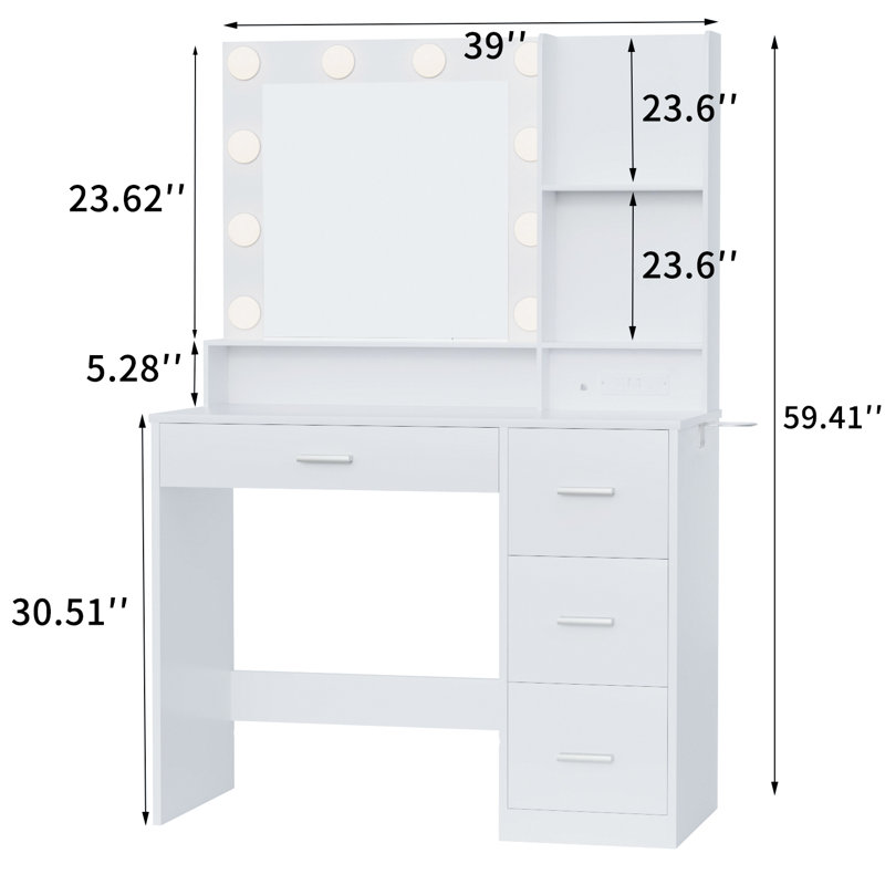 Borko Makeup Vanity With Lights,Vanity desk with Mirror and Power Outlet,Dresser Table with Drawers and Open Shelves, White