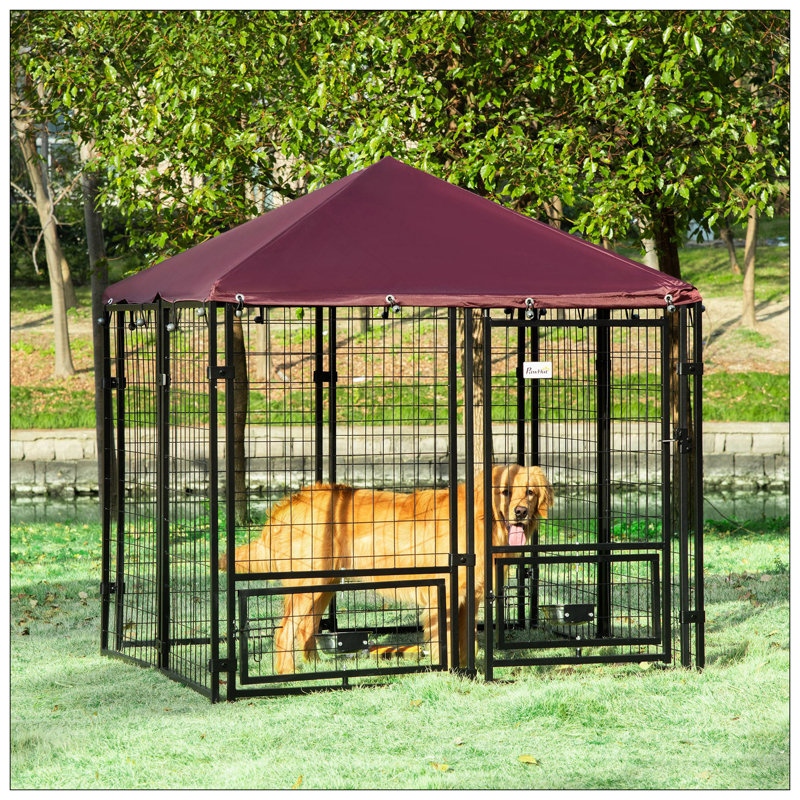 Chenil d'extérieur pour chien de 5 pi x 5 pi x 5 pi avec auvent résistant aux rayons UV, conception sans rendez-vous et structure en acier robuste pour la sécurité et le confort des animaux de compagnie