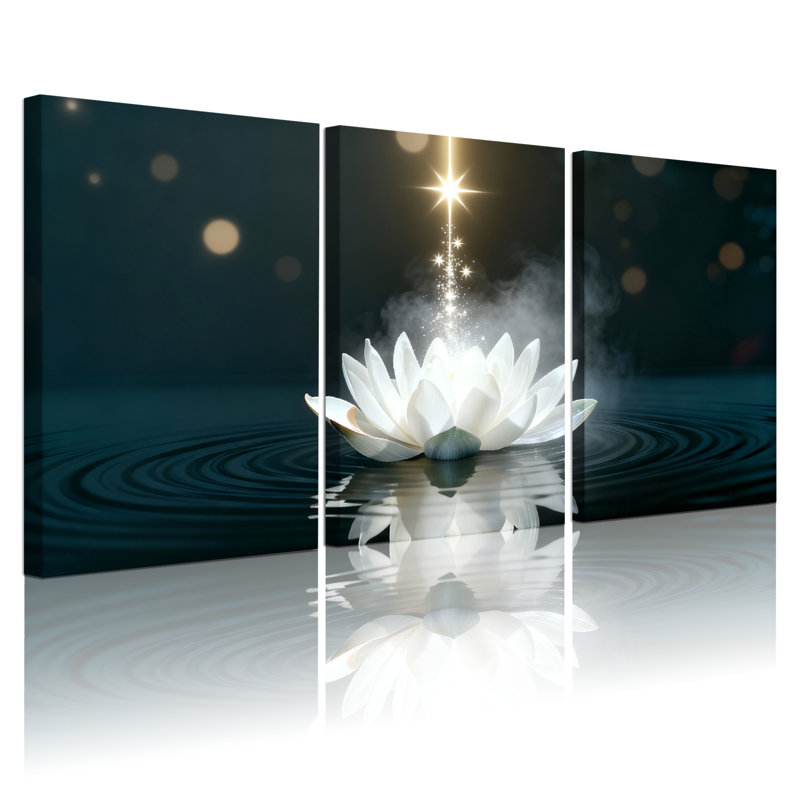 Ensemble de 3 tableaux sur toile tendue représentant une fleur de lotus blanche avec reflet d'étoiles, H 24 po x l 48 po
