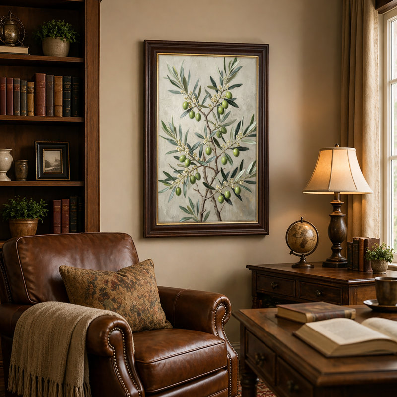 Art mural antique sur toile encadré doré pour le salon, la chambre à coucher, le bureau ou le vestibule - décoration murale décorative avec branche d'olivier