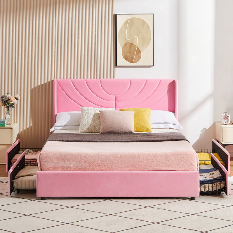 Auxter Full Size Upholstered Bed Frame with 4 Storage Drawers and Storage Wingback Headboard, Velvet Full Platform Storage Bedframe, Mattress Foundation with Wooden Slats Support, No Box Spring Needed, Pink