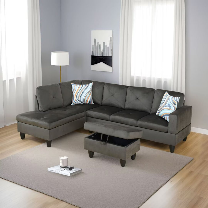 Canapé modulaire en L avec repose-pieds 3 pièces Straton, Orienté à gauche (vu de face), Velours bleu