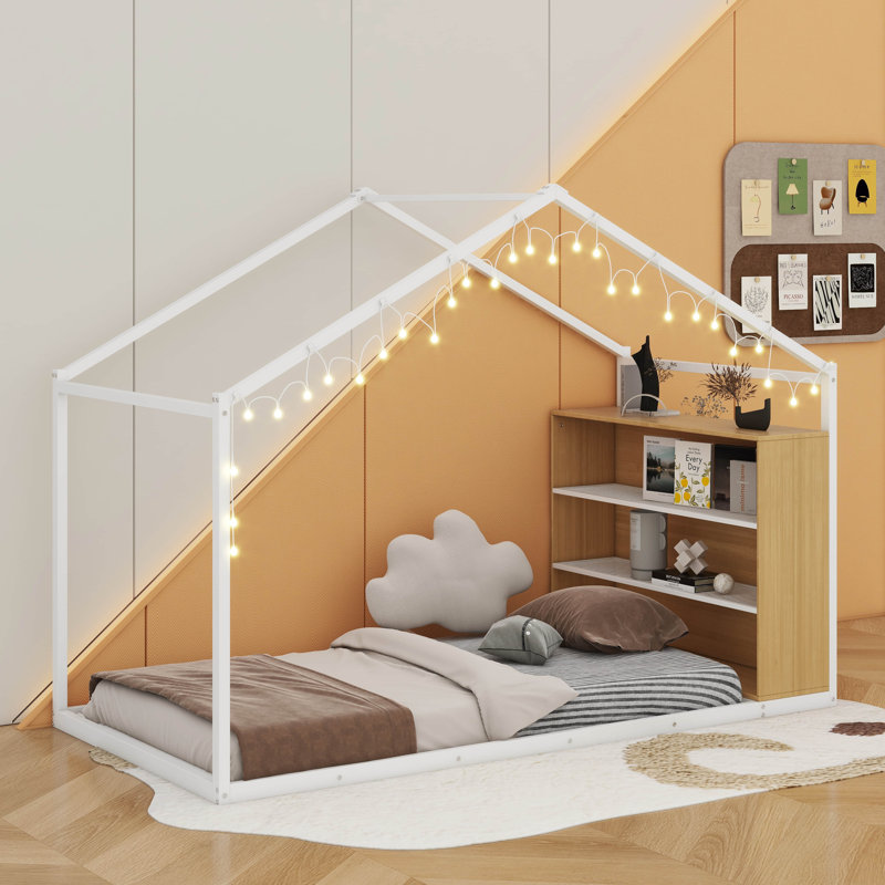 Lit en métal avec lumières et tablettes, Lit simple, Blanc