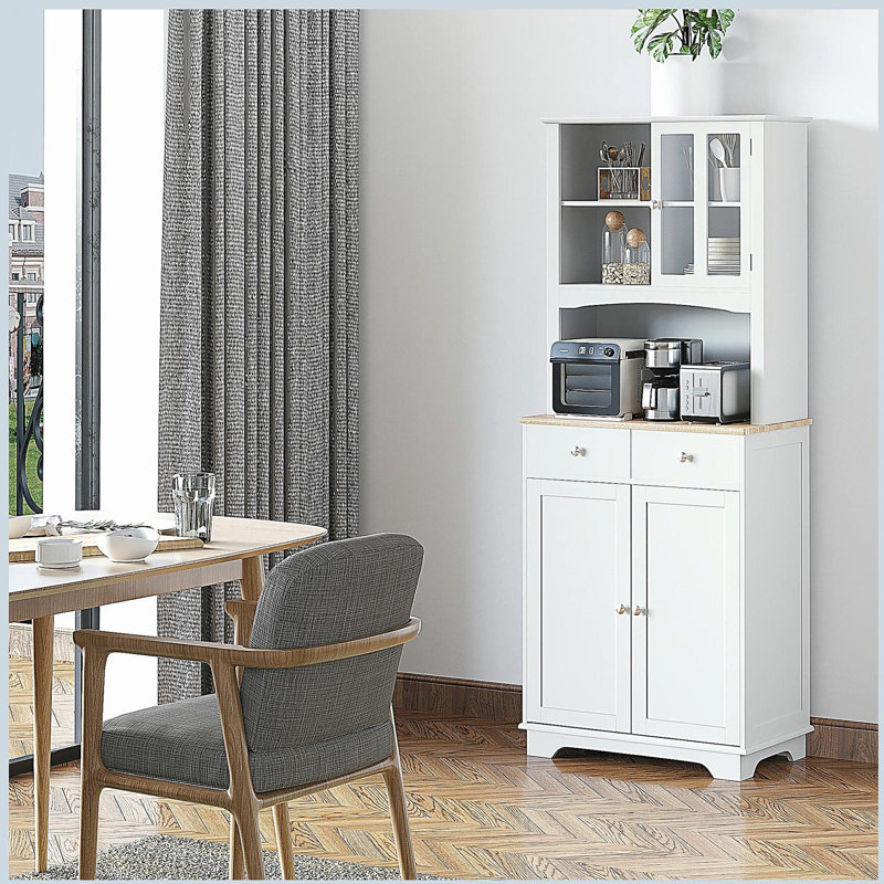 Buffet de cuisine 67 po avec huche, garde-manger avec support à micro-ondes, tablette réglable, 2 tiroirs