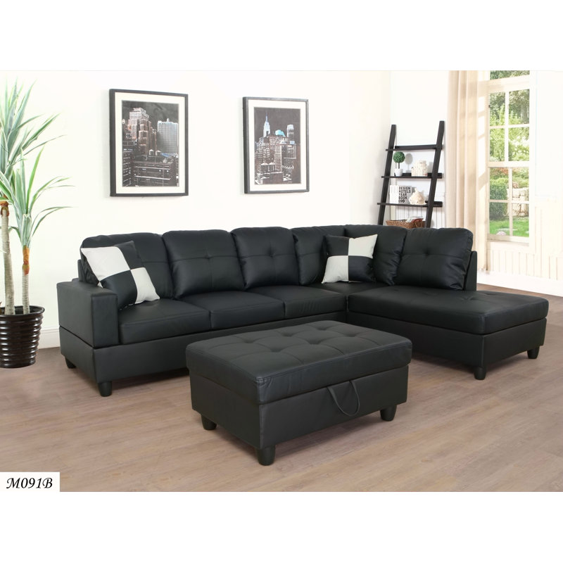 3 PC Sectional Sofa Set, (Black) Faux Leather Left-Facing Sofa With Free Storage Ottoman