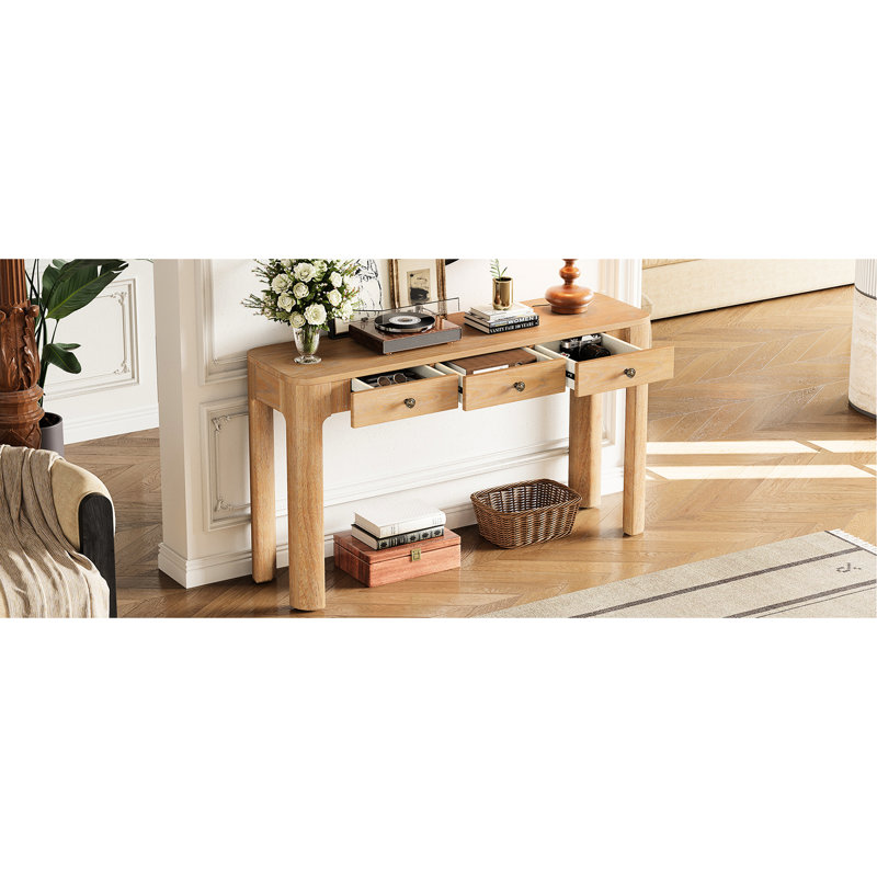 Table d'entrée en chêne avec coins arrondis et 3 tiroirs dissimulés, grain de bois naturel, esthétique rétro