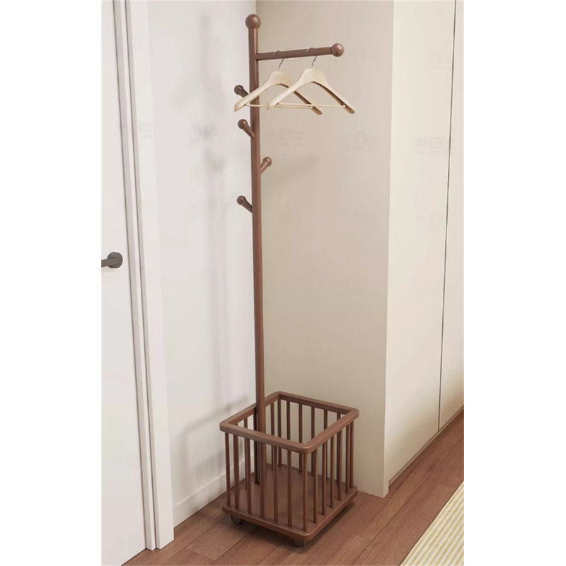 Multifunctional Solid Wood Clothes And Hat Stand With Laundry Basket, Brown