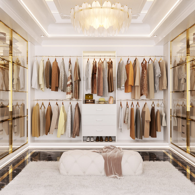 76.5"-118" W Closet System with 4 Hanging Rods and 3 Drawers, White