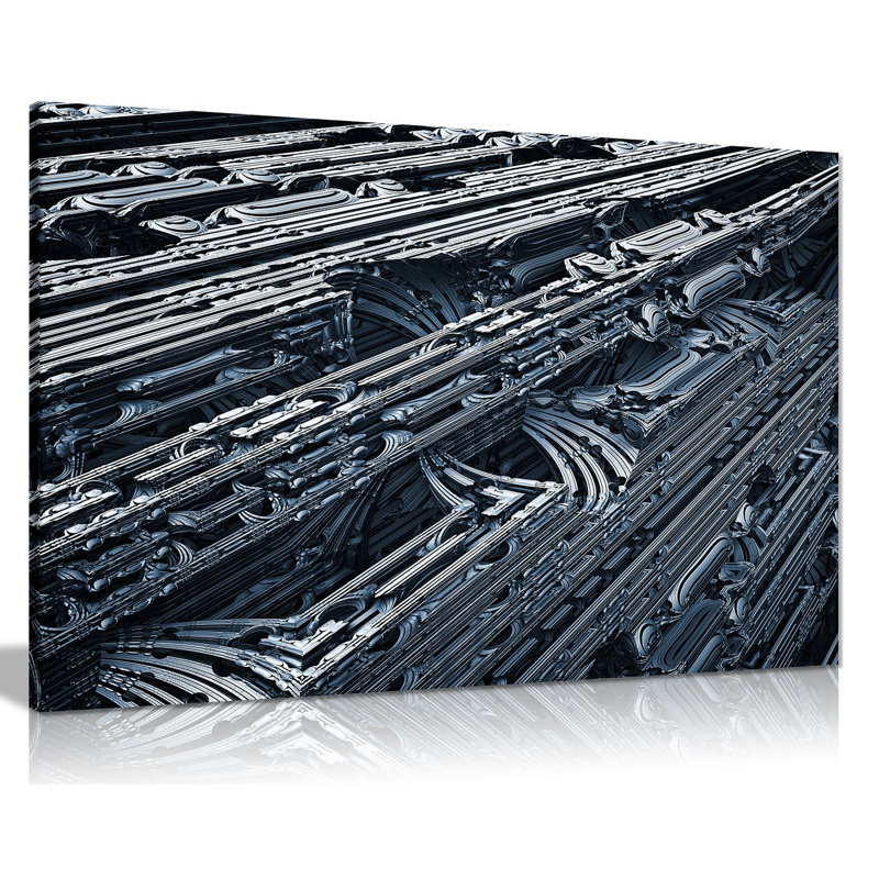 Steampunk Metallic Landscape Black & White - Wrapped Canvas Print, 31cm H x 46cm W