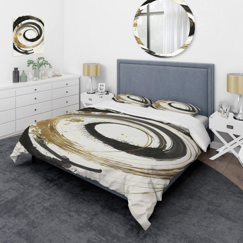 Black and Gold Curves IV - Ensemble de housse de couette en spirale moderne - Polyester en microfibre