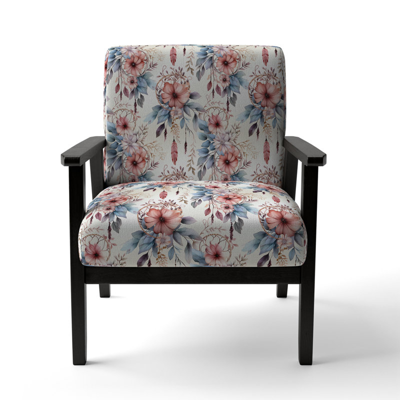 Fauteuil d'appoint rembourré en velours rose et bleu Dreamcatchers Boho, Accoudoirs carrés noirs