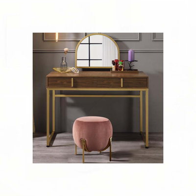 Bureau de coiffeuse 2 tiroirs avec miroir et plateau à bijoux, noyer et or
