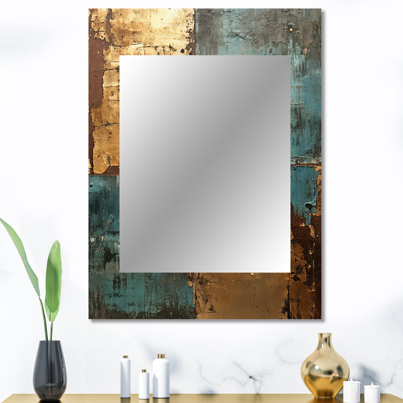 Kintsugi rétro glam rétro or sur turquoise - grand miroir géométrique, miroir mural décoratif doré, impression d'art en métal