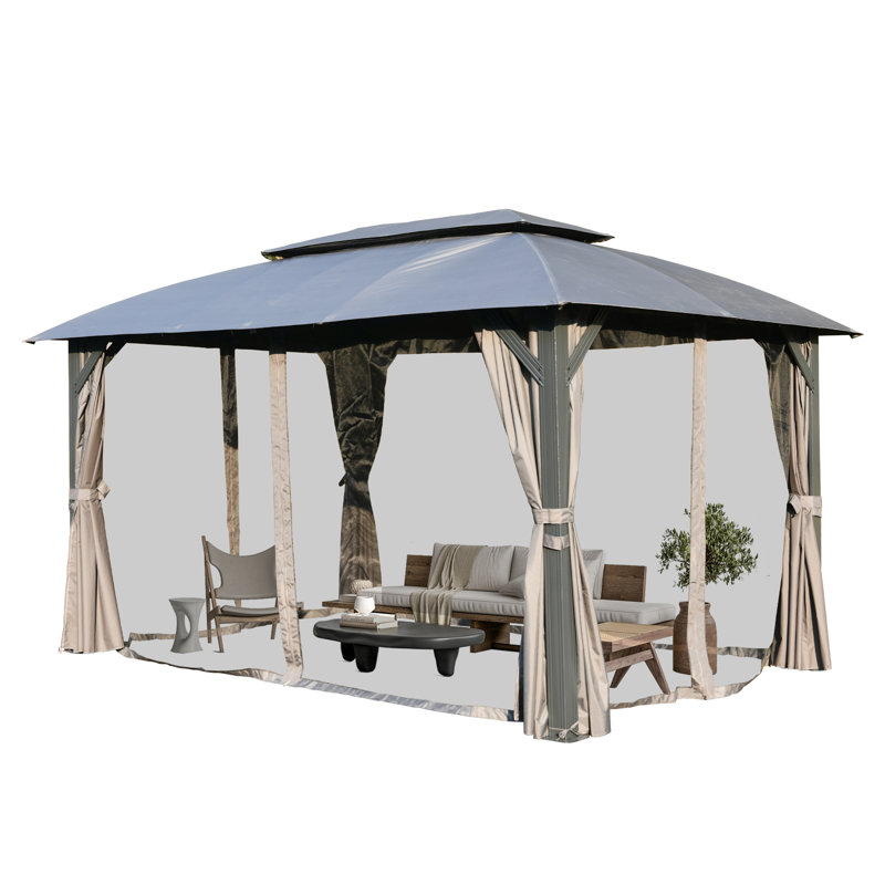 Metal Ventilation Double Roof Party Tent Gazebo, 9.81 ft x 13.86 ft, Gray