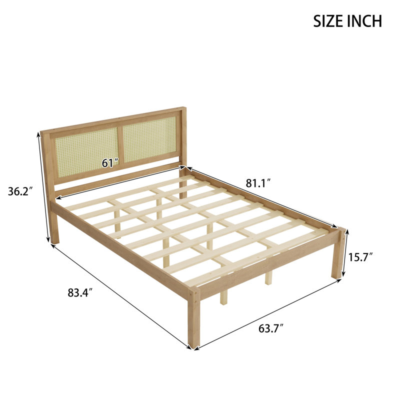 Grand lit plateforme en bois massif avec tête de lit en rotin, cadre de lit bohème de style campagnard, rangement sous le lit, aucun sommier nécessaire, bois naturel