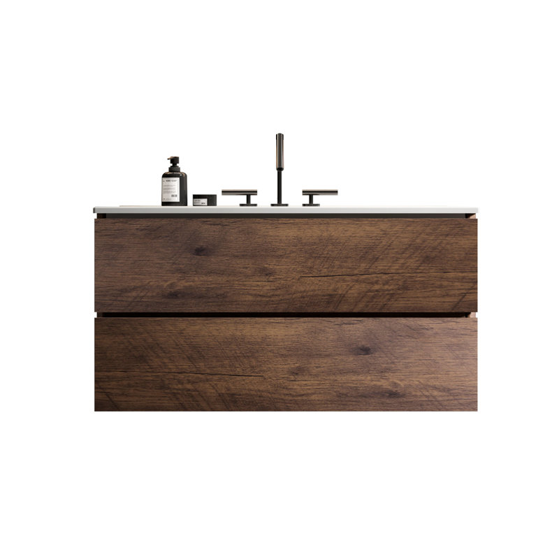 Meuble-lavabo de salle de bain avec lavabo en céramique, fixation murale de 36 po, blanc et noyer, nombreuses options de rangement, trois trous de robinet, meuble-lavabo silencieux, blanc et noyer, 3 ouvertures, rangement abondant, glissières de tiroir