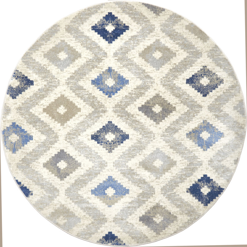 Tapis géométrique ivoire / bleu, Rond 5 pi 2 po