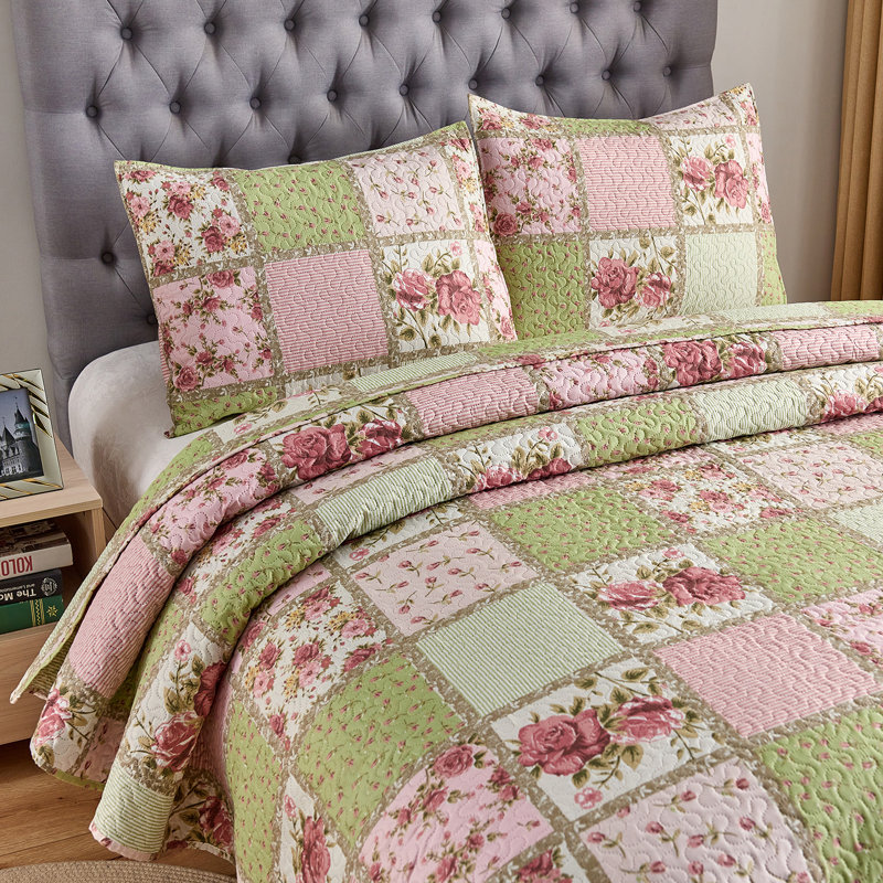JML Bedspread Set, 3-Piece, Soft Reversible King Size, 1 Quilt & 2 Shams, Quilt Coverlet Set, Flower, Queen Quilt + 2 Shams