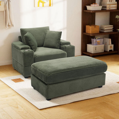 Corduroy Upholstered Chaise Lounge Chair with Movable Ottoman, Cup Holders & Armrest Storage — Deep Seat Single Sofa for Living Room, Bedroom & Office