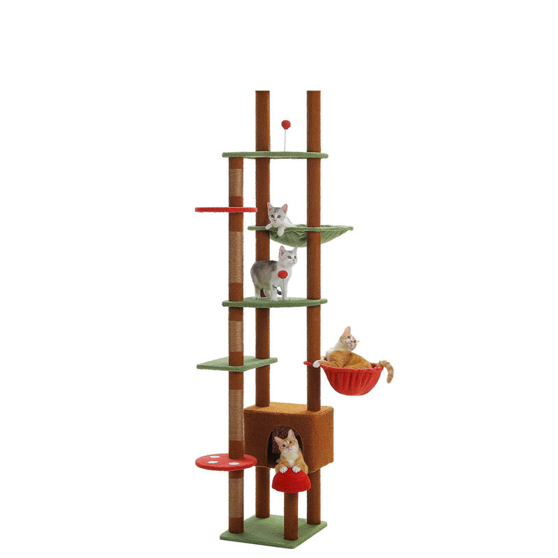 Adjustable Brown and Green Tall Cat Tree with Condo and Hammock