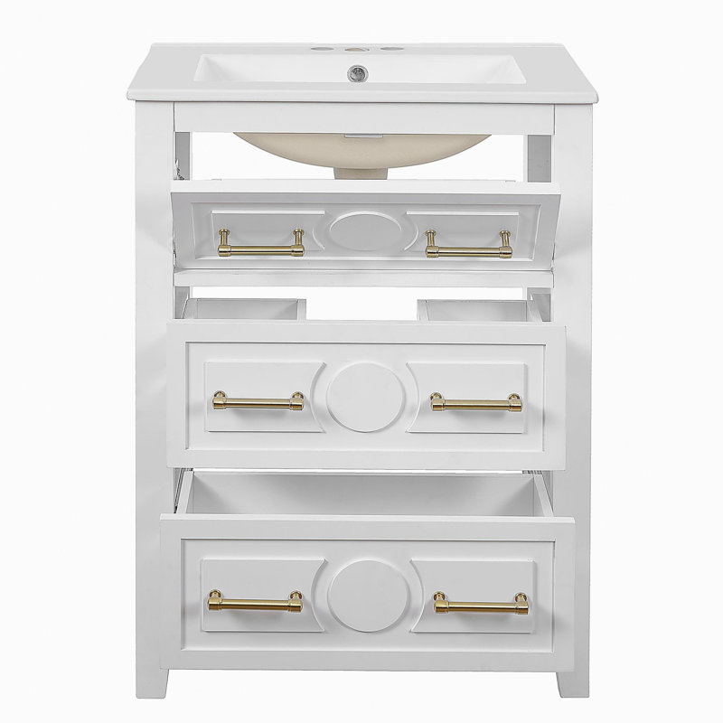Ensemble de meuble-lavabo simple 24 po avec lavabo en céramique, ensemble de meuble-lavabo autoportant avec 3 tiroirs, cadre en bois massif, blanc