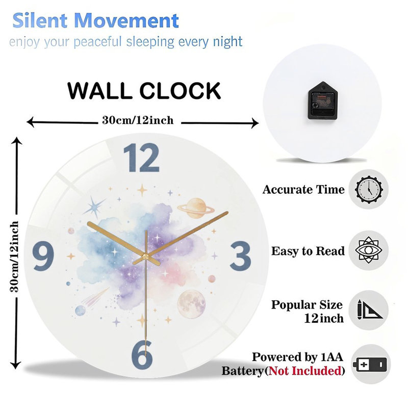 Horloge murale 12 po en verre trempé silencieux, horloge silencieuse «Galaxy Face (1)», fonctionnement à piles (piles AA non incluses), décoration artistique