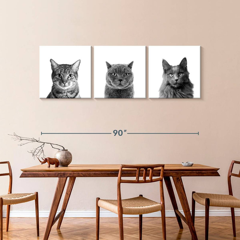 Trois chats, reproduction sur toile, H 30 po x l 92 po x P 1,25 po