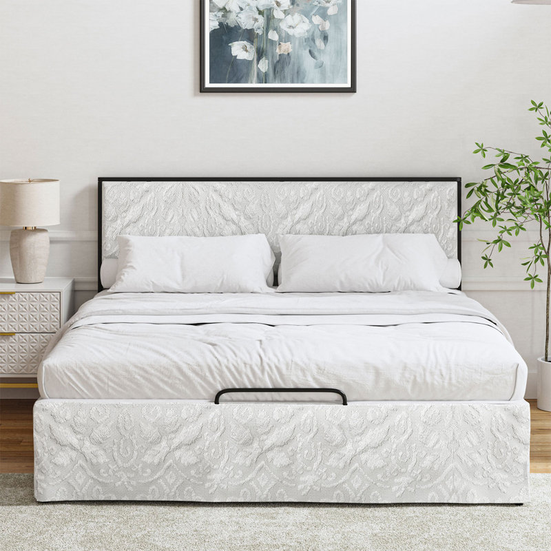 Lit plateforme tapissier Neilius avec housse lavable, Très grand, Motif blanc