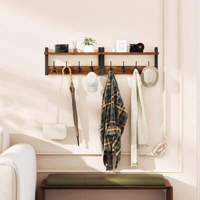 Porte-manteau mural rustique avec tablette et crochets, organisateur d'entrée marron