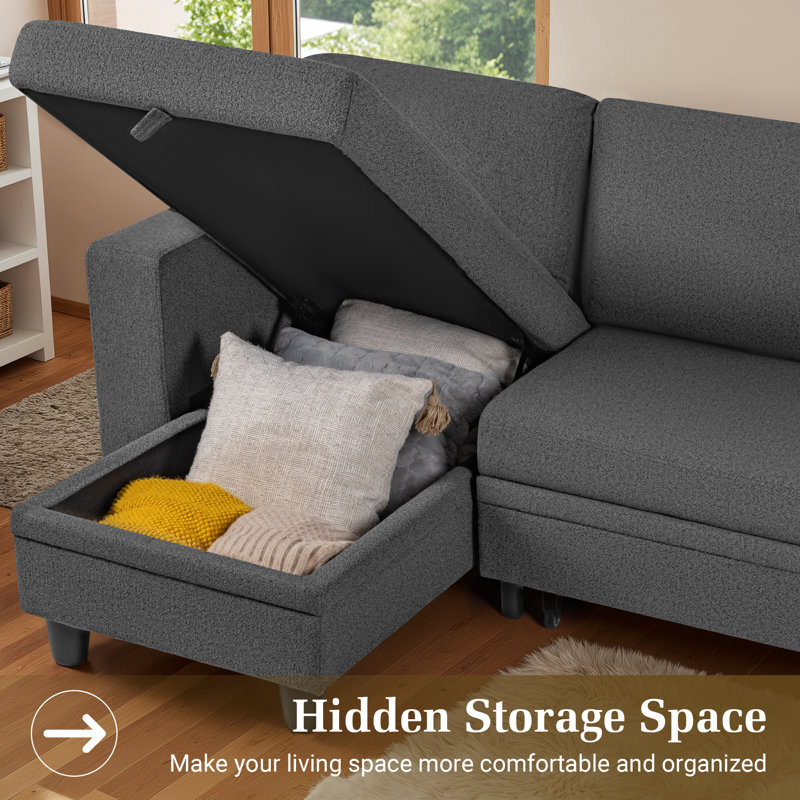 L Shaped Sectional Couch with Storage Chaise, USB Charging Ports & 2 Built-in Shelves, Gray  Fabric
