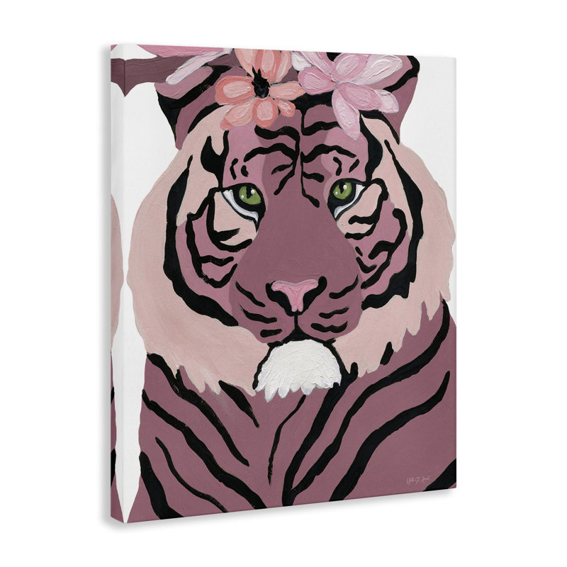 Tigre avec fleurs roses, art mural sur toile par Yvette St. Amant, H 20 po x l 16 po