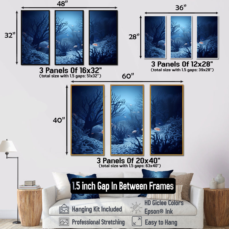 «Blue and Black Underwater World - Coastal Coral Under Water», ensemble d'art sur toile, Cadre flottant noir