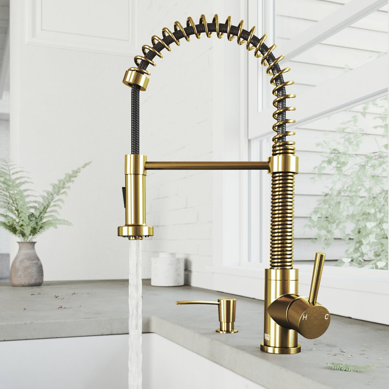 Edison 19" H 1-handle Pull-Down 2-Function Sprayer Kitchen Faucet, With Soap Dispenser, Matte Brushed Gold
