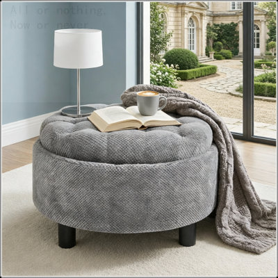 25Inch Round Storage Ottoman with Tray, ModernTufted Fabric Circle Coffee Table with Storage, Upholstered Ottoman with Removable Top