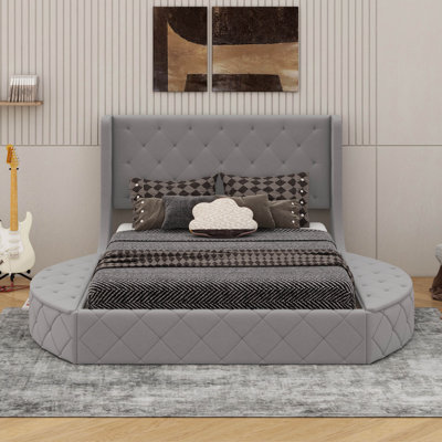 Lit plateforme tapissier en velours avec tête de lit à oreilles, 1 tiroir et 2 tabourets de rangement latéraux
