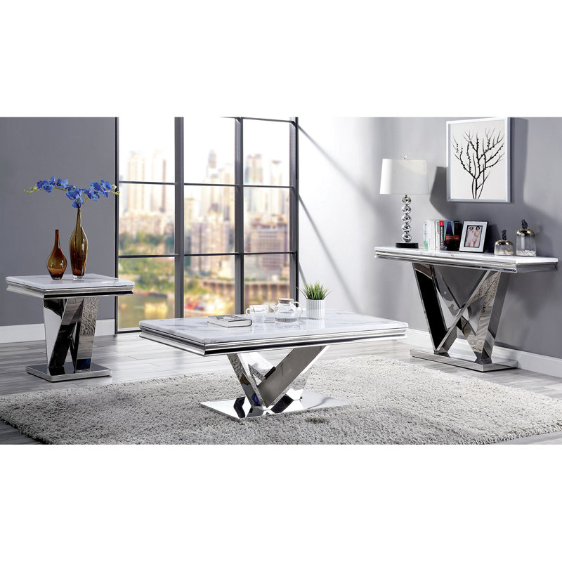 Table de bout de style 1Pc, surface en faux marbre biseauté de 18 mm, piédestal en forme de V et structure de base rectangulaire en acier inoxydable