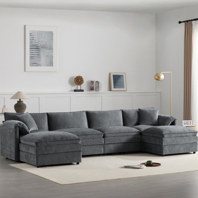 Chenille Modular Sectional Sofa With Deep Seat Comfort And Movable Ottoman