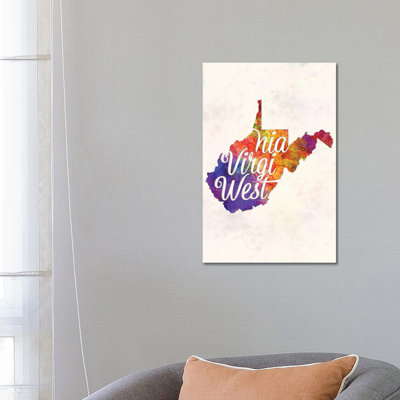 West Virginia US State In Watercolour Text Cut Out by Paul Rommer - Wrapped Canvas Painting