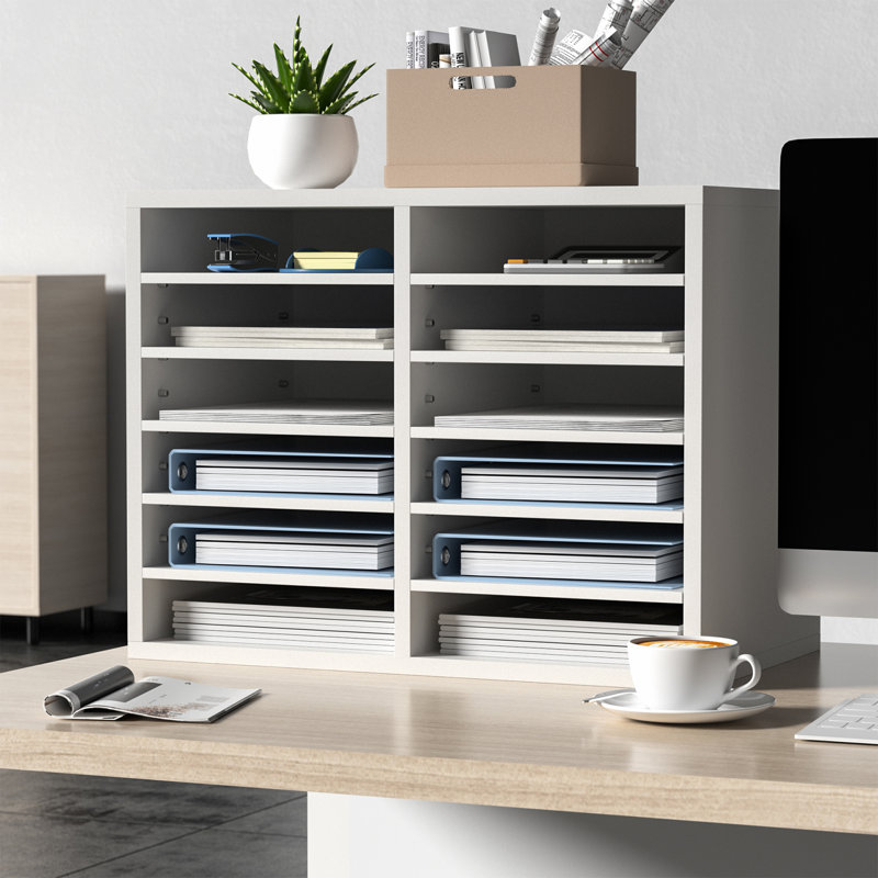 White Adjustable 12-Compartment Wood Literature Organizer