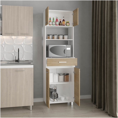 Kitchen Pantry, 4 Doors, 1 Drawer, 4 Legs, 4 Shelves, Natural Oak / White