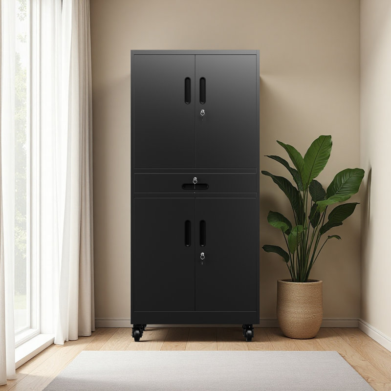 Metal Storage Cabinet With Drawer, 71" Garage Cabinet With Locking Doors And 2 Adjustable Shelves, Heavy Duty Tool Cabinet With Pegboard, 8 Hooks & Rolling Wheels For Home Office Utility