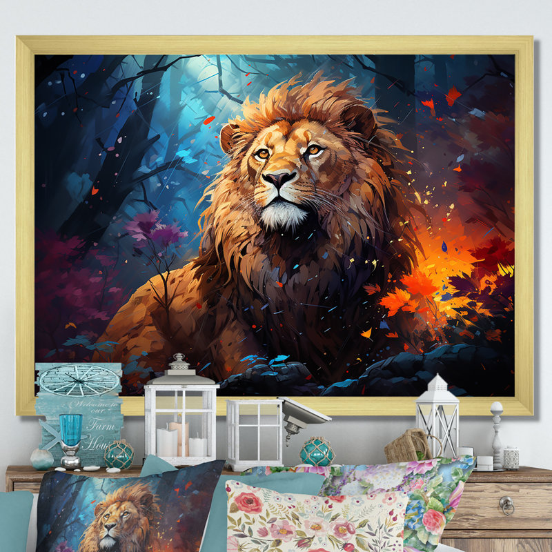 «Lion Vivid Majesty I» sur toile, Cadre doré simple, H 24 po x l 32 po x P 1 po