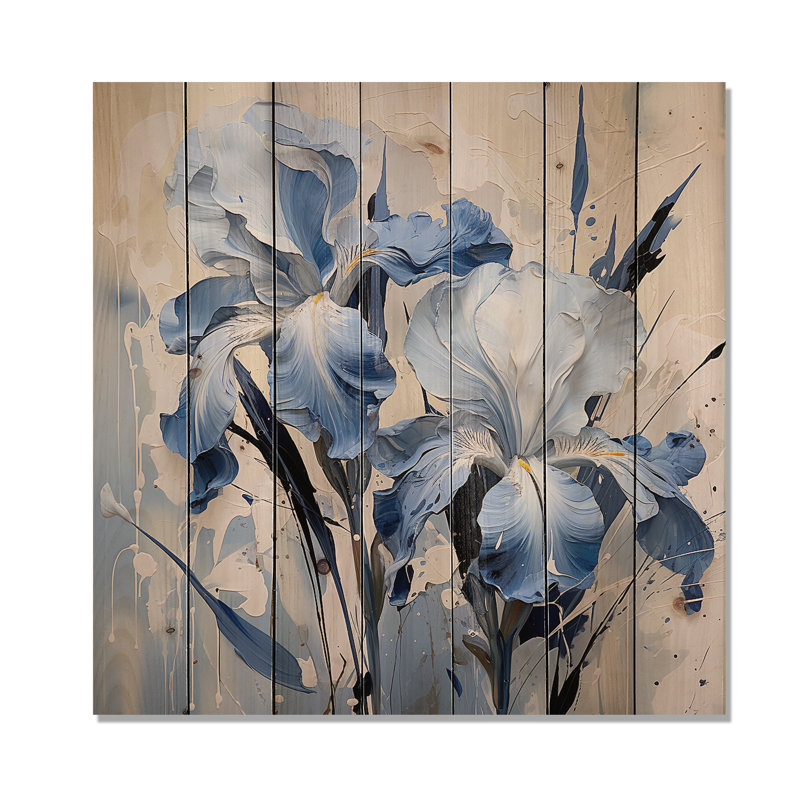 Jardin bleu et blanc d'iris - Art mural en bois d'iris sur bois de pin naturel, H 30 po x l 30 po
