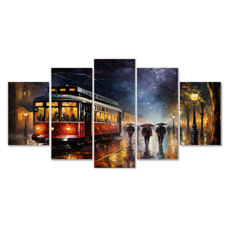 «Vintage Rainy Evening Paris - Train», art mural pour le salon, 5 pièces, H 32 po x l 60 po
