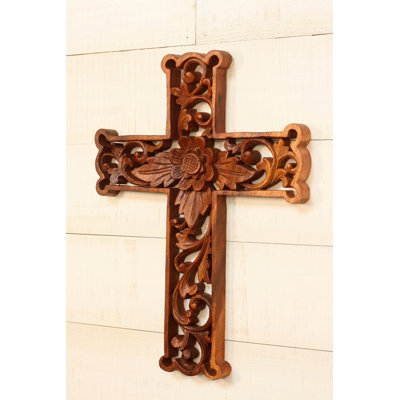 16" Wooden Hand Carved Lotus Flower Cross Wall Plaque Relief Panel Hanging Sculpture Handcrafted Gift Art Home Decor Accent Decoration Handmade