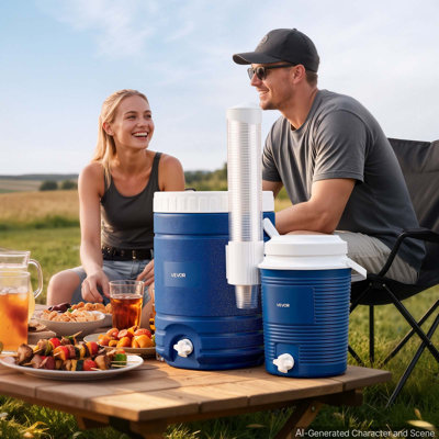 Distributeur de boissons isothermes de 2 gallons + 4,8 gallons avec porte-gobelet, idéal pour le camping, les événements en plein air et les fêtes. Fontaine à eau glacée étanche, robinet verseur facile, couche isolante et poignée de transport.