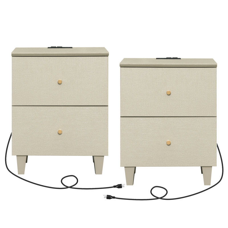 Lysiane 2 - Drawer End Table Set and Built-In Outlets, Beige